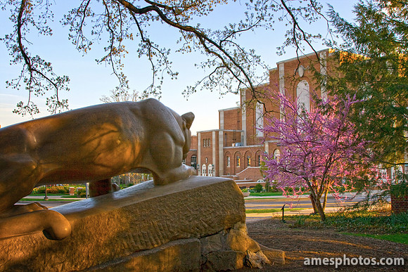 Nittany Lion with Rec Hall in Spring